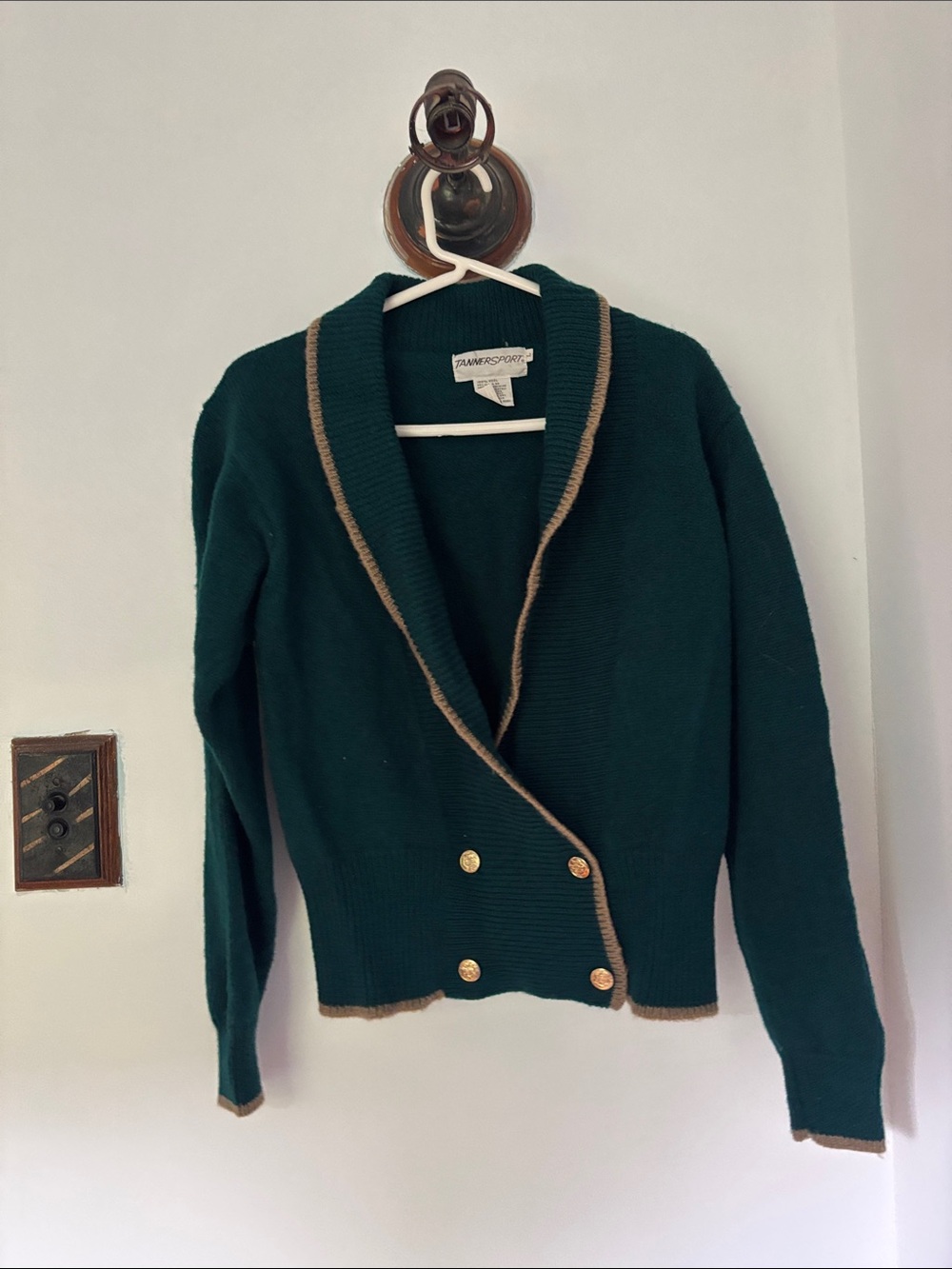 Talbots Dark Green Shawl-Collar Cardigan with Tan Trim